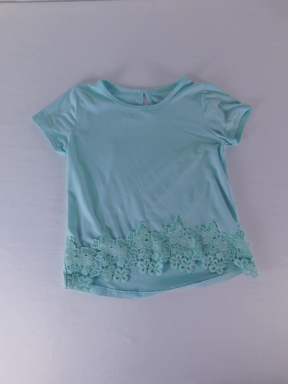 Pony Tails Shirt Girls 6 Blue Floral Crochet Lace Hem Short Sleeve Keyhole Tee
